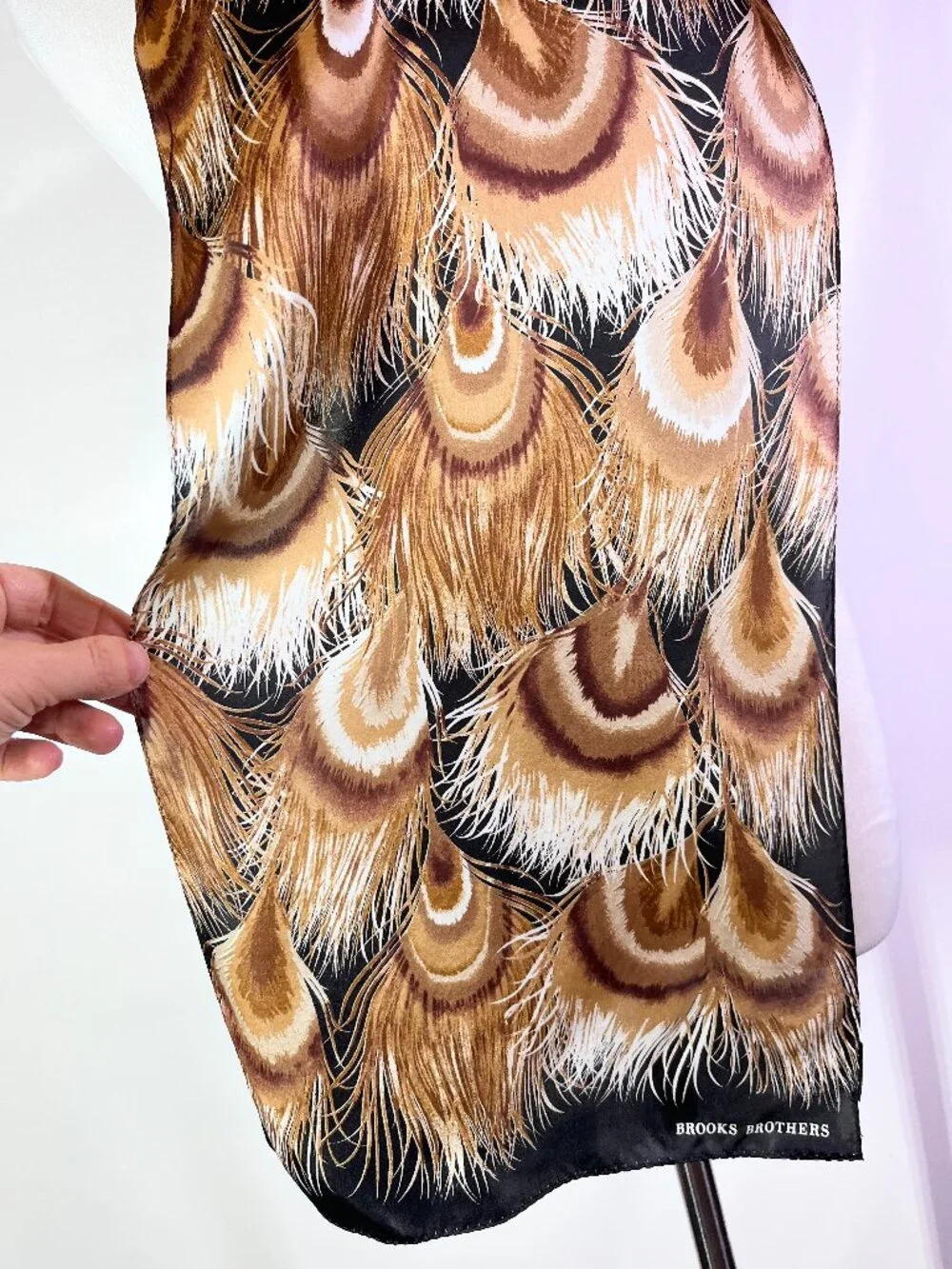 Brooks Brothers Silk Scarf Feathers Print Black Brown White 11x52